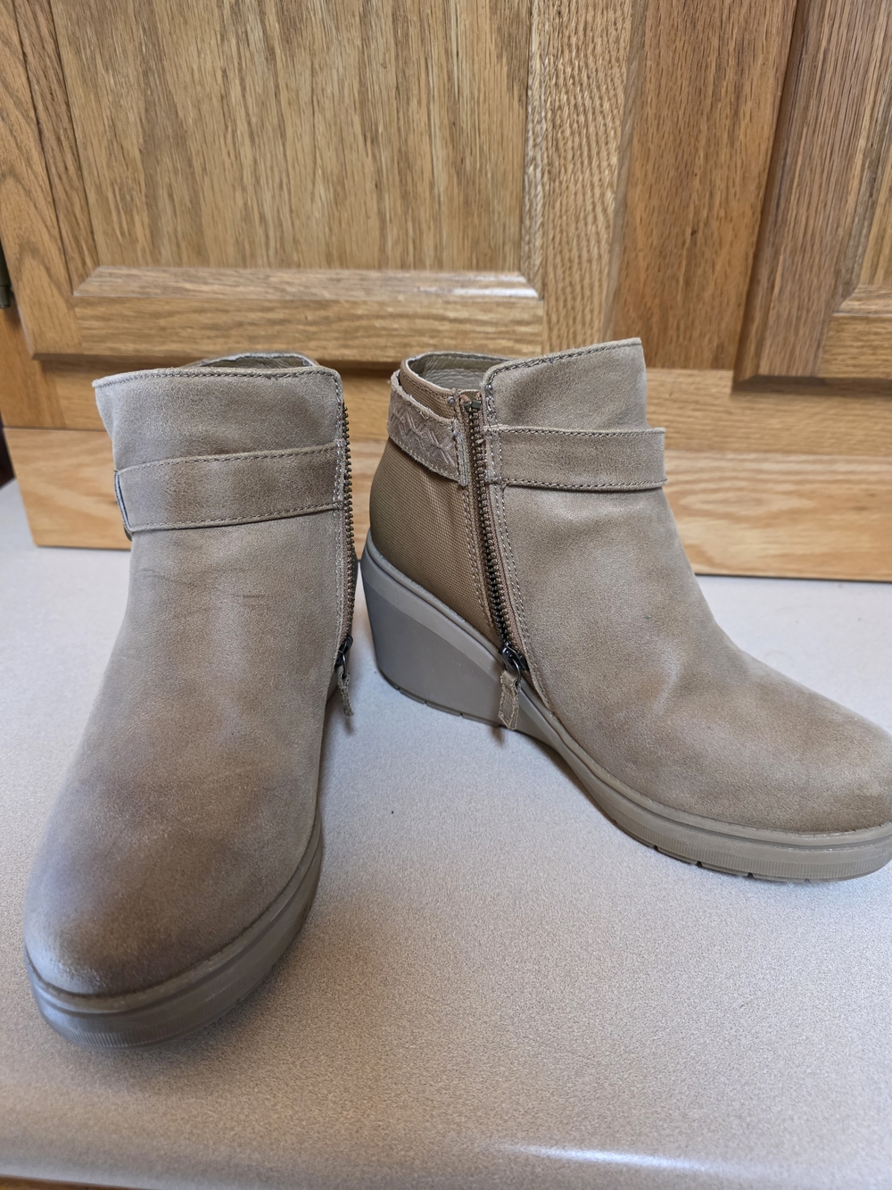 Sketchers Memory Foam Women’s Ankle Wedge Booties in Taupe